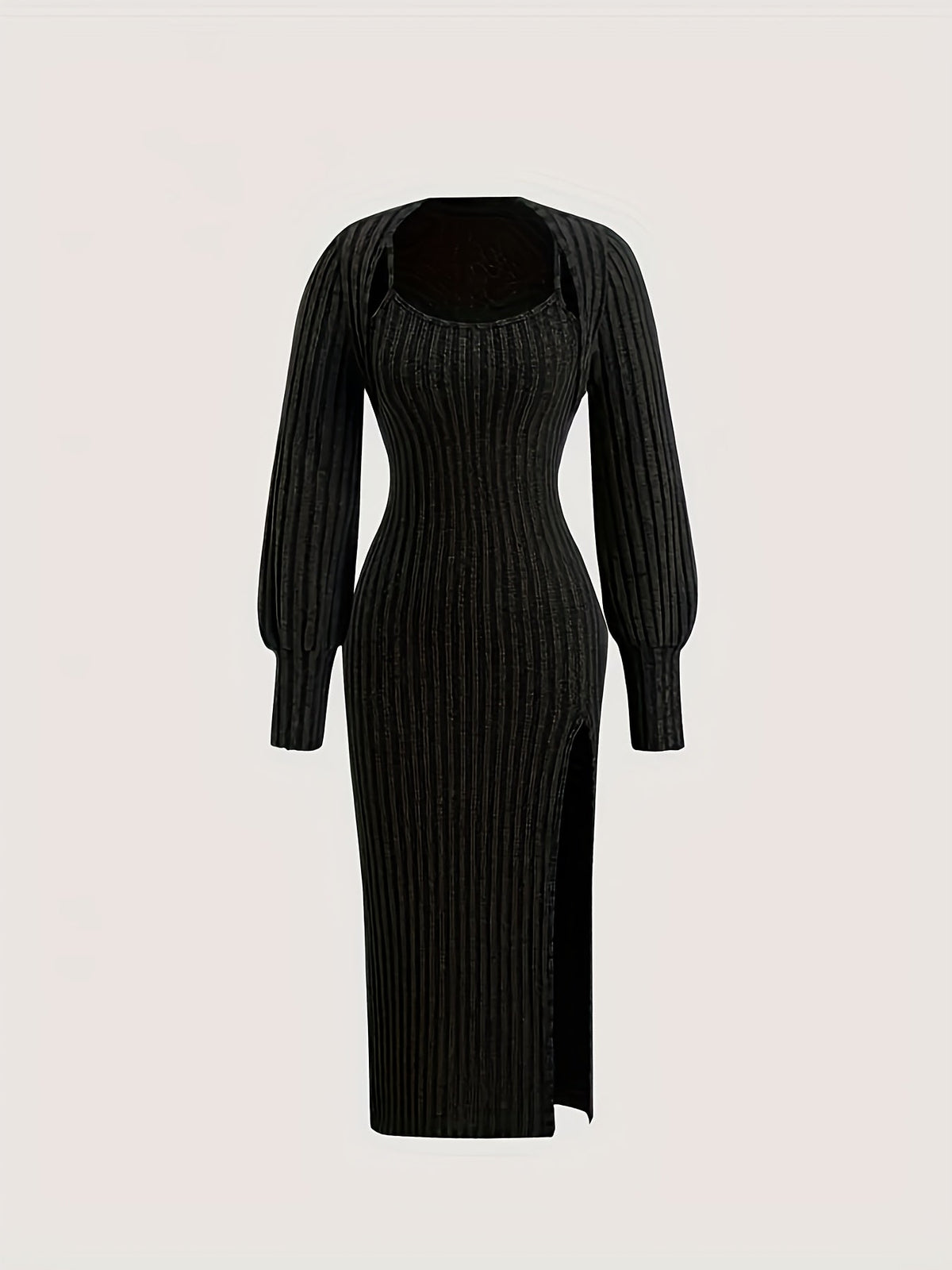 Rippstrick Midikleid & Bolero Set für Damen mit Spaghettiträgern und Seitenschlitz