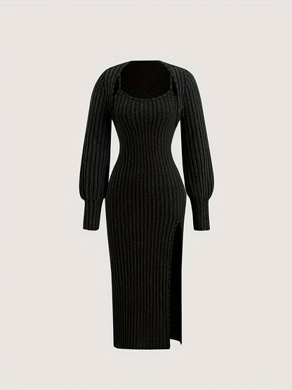 Rippstrick Midikleid & Bolero Set für Damen mit Spaghettiträgern und Seitenschlitz