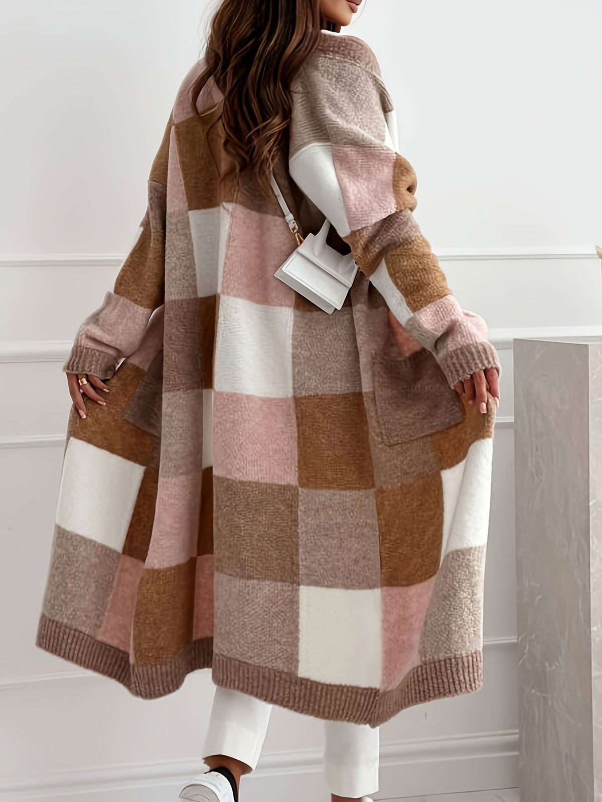 Damen Strickjacke Patchwork Lang Offen Braun Rosa Beige Weiß