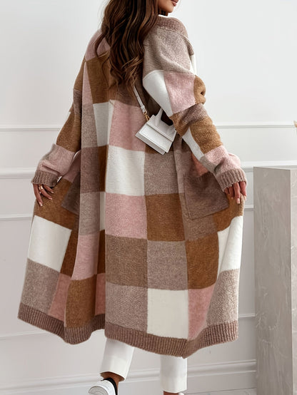 Damen Strickjacke Patchwork Lang Offen Braun Rosa Beige Weiß