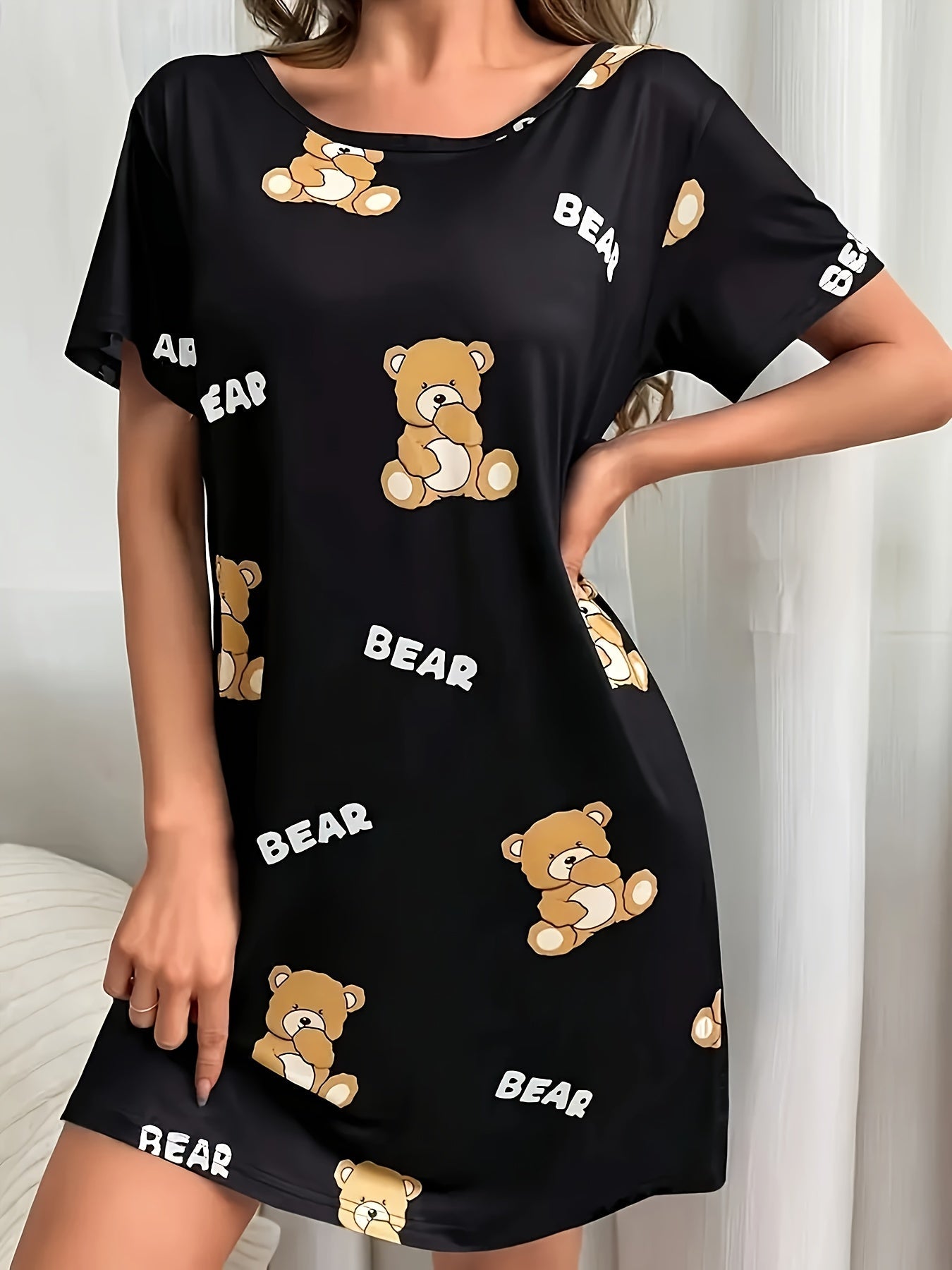 Damen Nachthemd mit Bären-Print – Bequemes Cartoon-Tunika Schlafkleid für Erwachsene