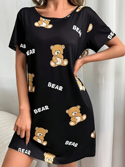 Damen Nachthemd mit Bären-Print – Bequemes Cartoon-Tunika Schlafkleid für Erwachsene