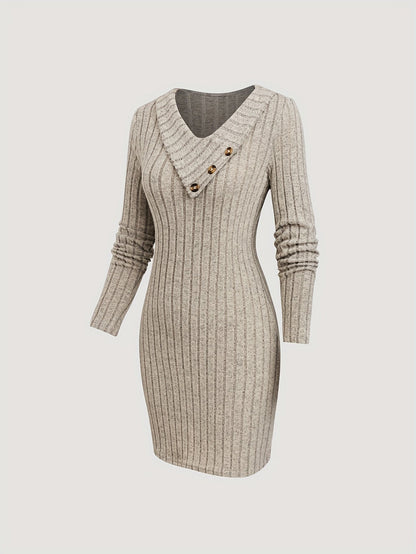 Damen Rippstrick Etuikleid mit V-Ausschnitt und Knöpfen Beige