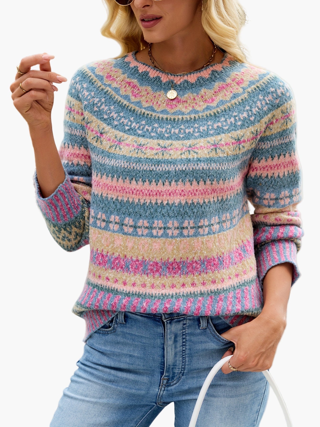 Damen Pullover Eleganter Strick Fair Isle Muster Herbst Winter Freizeit