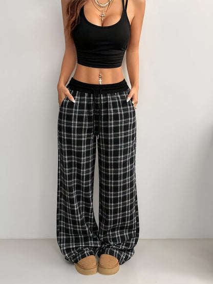 Damen Weite Loungehose mit Kordelzug im Karomuster – Bequeme Freizeithose für Alltag und Zuhause
