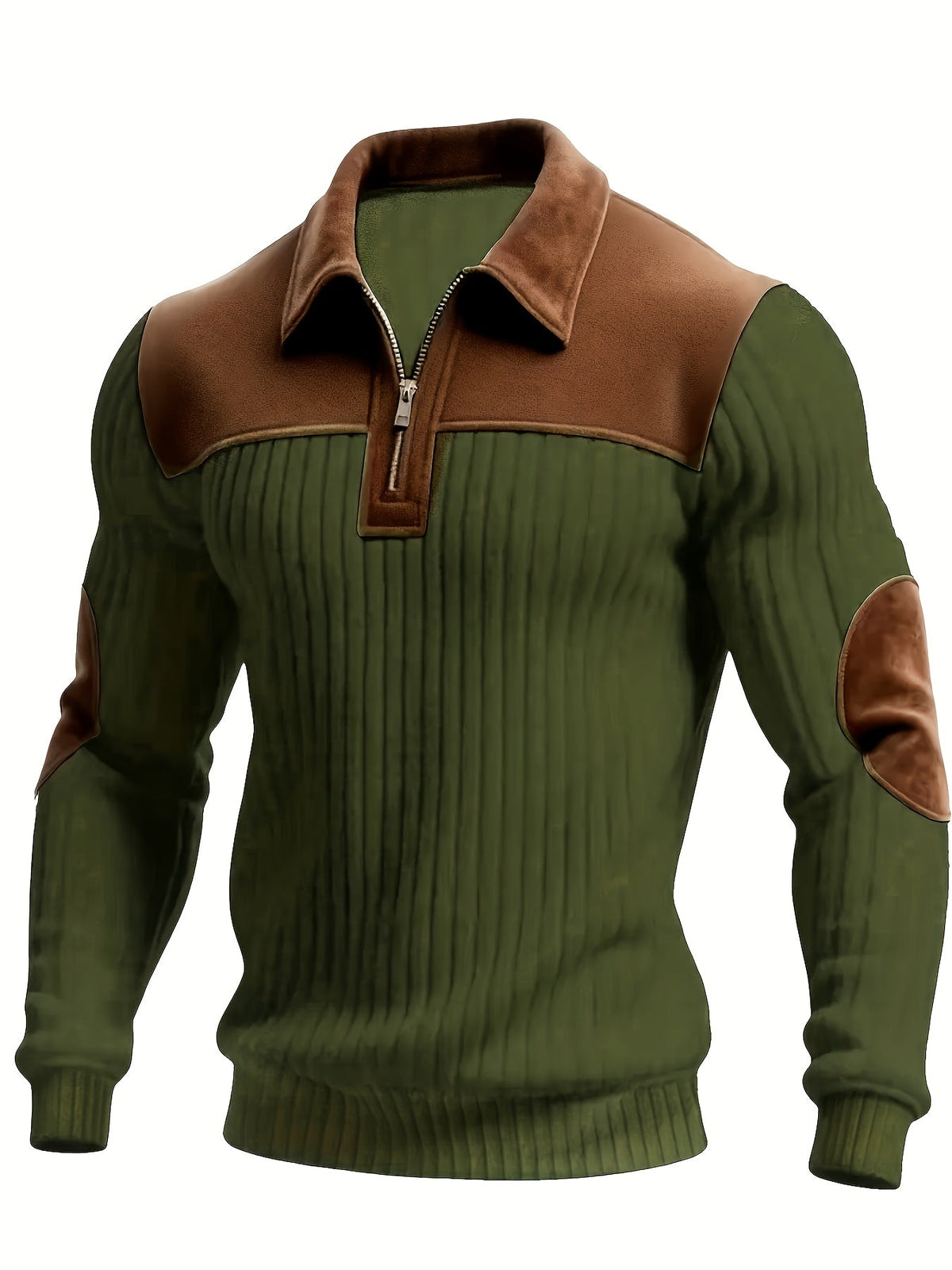 Herren Poloshirt Strickpullover mit Reißverschluss, Kragen und Ellbogen-Patches, Beige