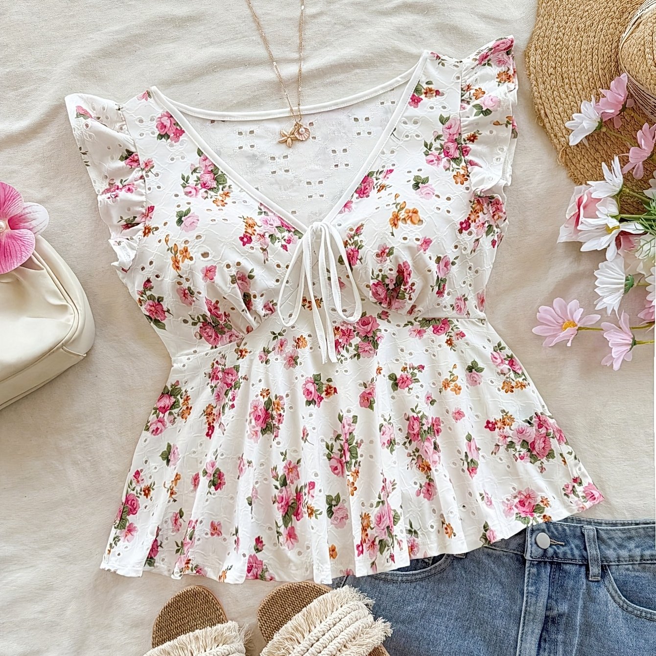 Damen Peplum-Bluse mit Blumenmuster und verspieltem Bindeband – Romantischer Vintage-Stil für Freizeit und Ausflüge