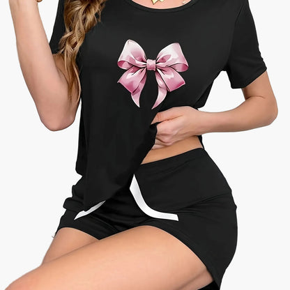 Damen Pyjama Set mit Schleifen-Print – Kurzarm Shirt & Shorts, Modernes Lounge- & Schlafanzug-Design