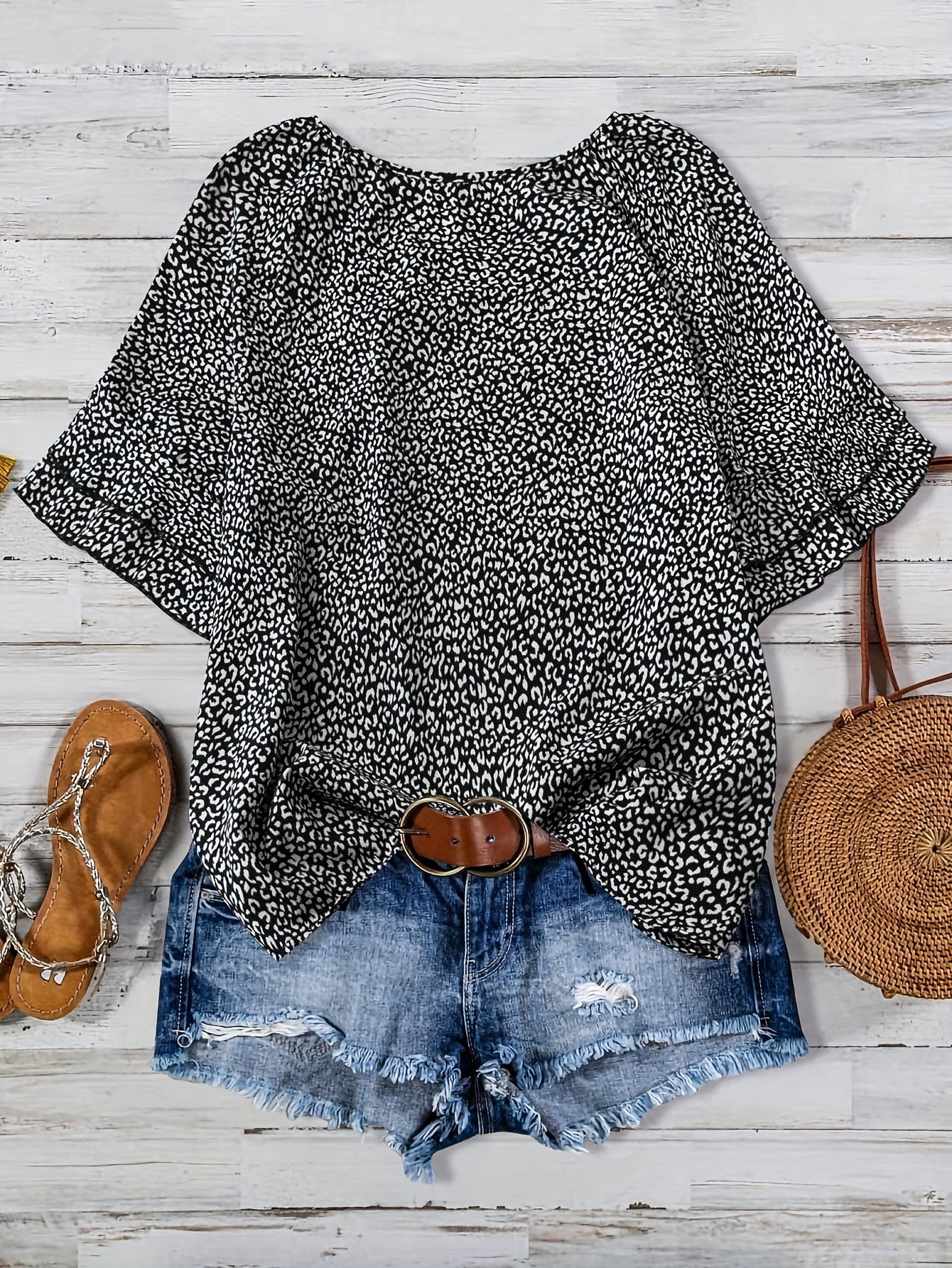 Damen Leopard Print Bluse im Urlaubsstil mit Rüschen und Jeansshorts-Set – Perfekt für Sommer und Freizeit