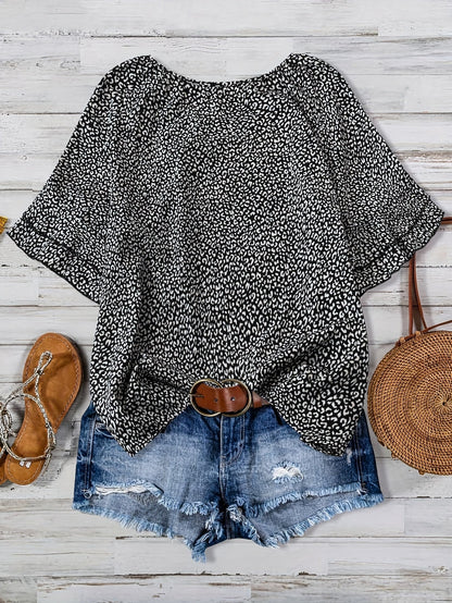 Damen Leopard Print Bluse im Urlaubsstil mit Rüschen und Jeansshorts-Set – Perfekt für Sommer und Freizeit