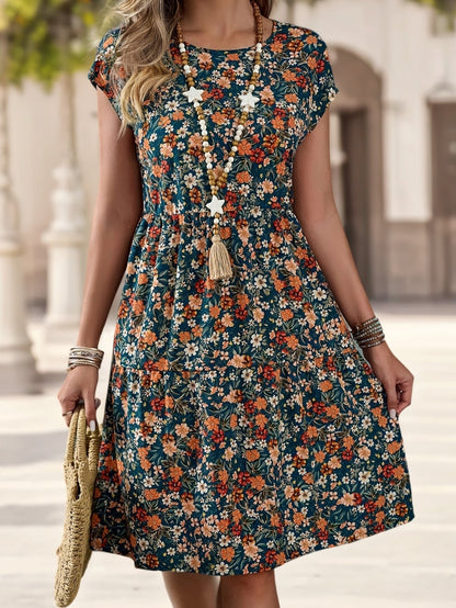 Damen Sommerkleid im Blumenmuster – Freizeit & Urlaub, Knielang, Kurzarm