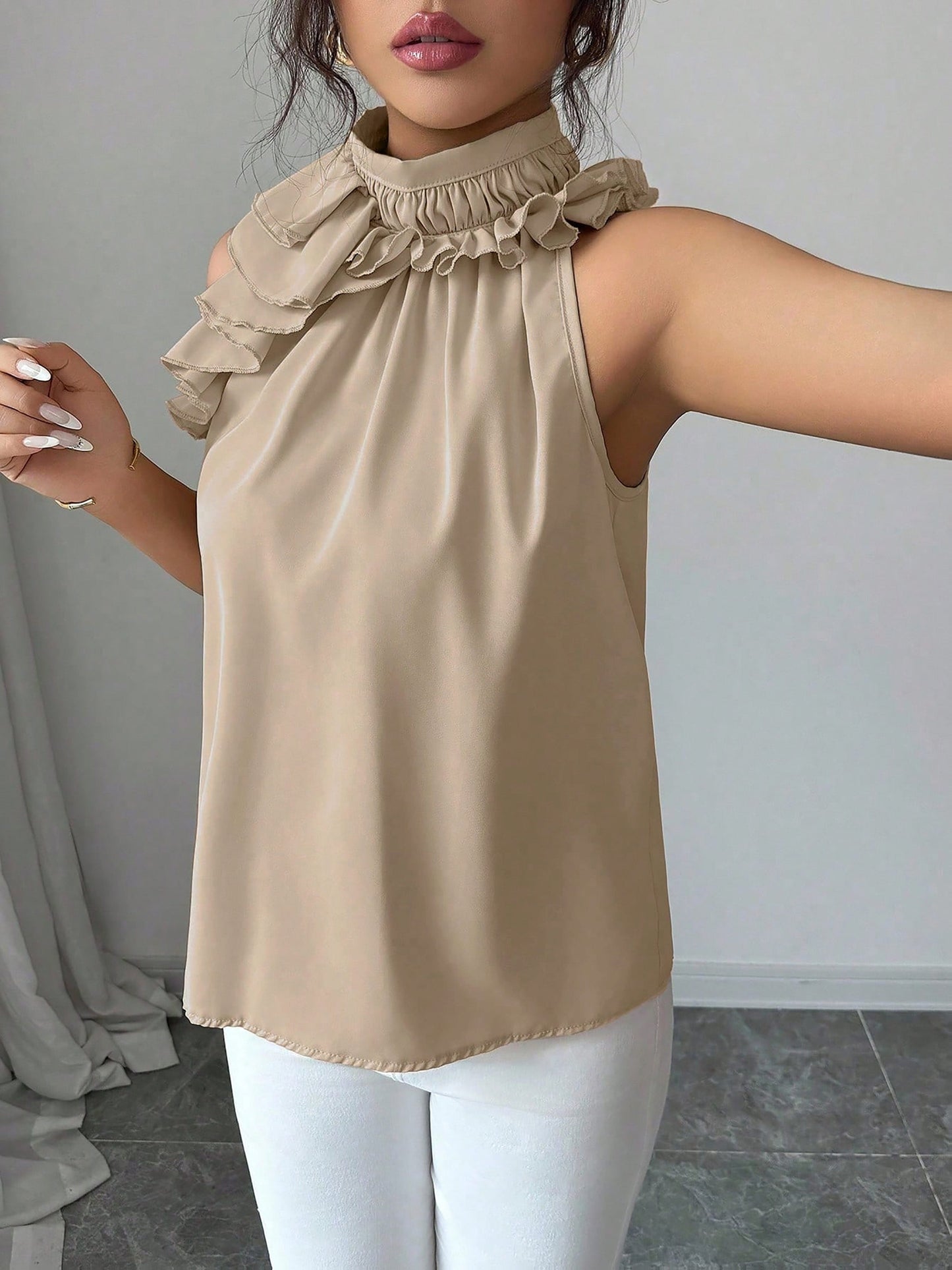 Damen Elegante Rüschenbluse mit Stehkragen – Ärmellos, Stilvoll, Für Büro und besondere Anlässe