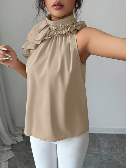 Damen Elegante Rüschenbluse mit Stehkragen – Ärmellos, Stilvoll, Für Büro und besondere Anlässe