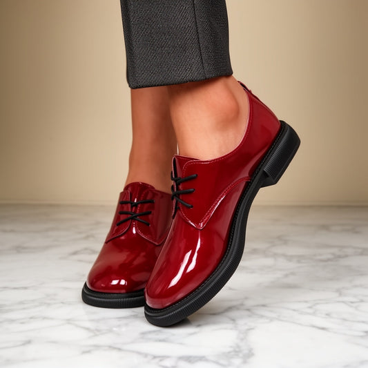 Damen Derby Schuhe Glänzend Lack-Optik Schnürschuhe Flache Sohle