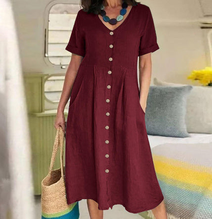 Louise – Lockeres Kleid aus Baumwolle und Leinen mit hohem Bund