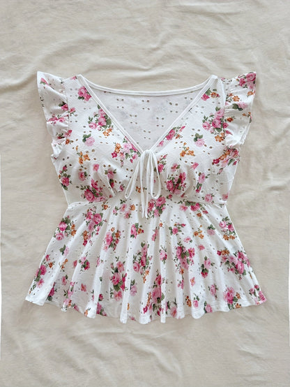 Damen Peplum-Bluse mit Blumenmuster und verspieltem Bindeband – Romantischer Vintage-Stil für Freizeit und Ausflüge