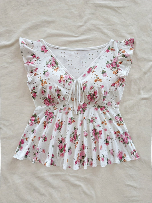 Damen Peplum-Bluse mit Blumenmuster und verspieltem Bindeband – Romantischer Vintage-Stil für Freizeit und Ausflüge