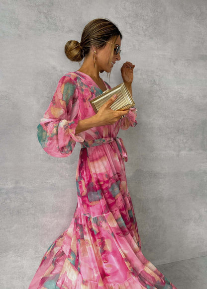 Jenny – Elegantes Chiffon-Kleid mit Kordelzug und Patchwork