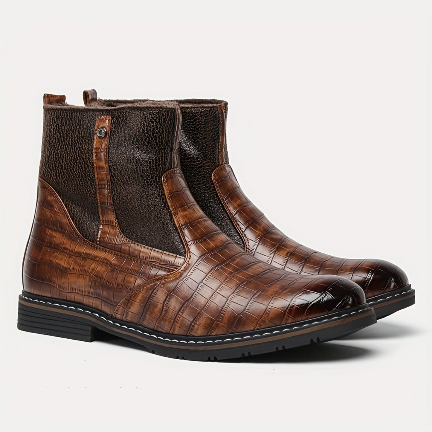 Herren Stiefeletten Braun Kroko-Optik Warm Gefüttert