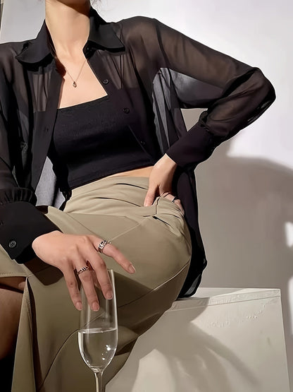 Damen Bluse Transparente Oversize Hemdbluse Modern Elegant