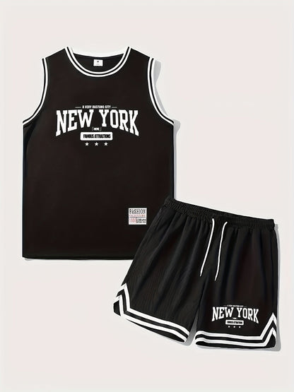 Herren Basketball Set Sport Outfit New York Print – Ärmelloses Trikot & Shorts, Freizeit & Training