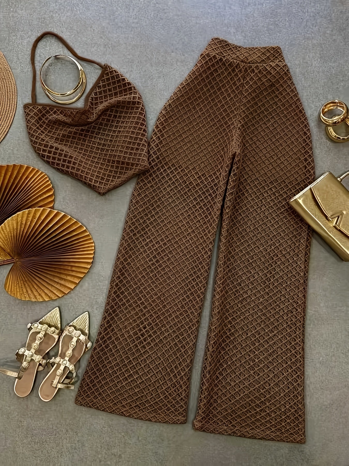 Damen Set Elegantes Häkel-Outfit mit Top und weiter Hose – Stilvolles Strand- & Urlaubsensemble