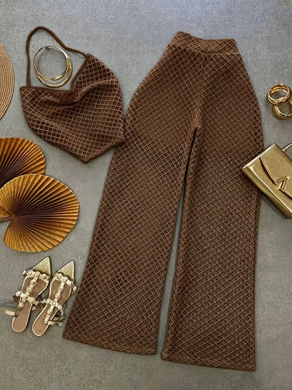 Damen Set Elegantes Häkel-Outfit mit Top und weiter Hose – Stilvolles Strand- & Urlaubsensemble