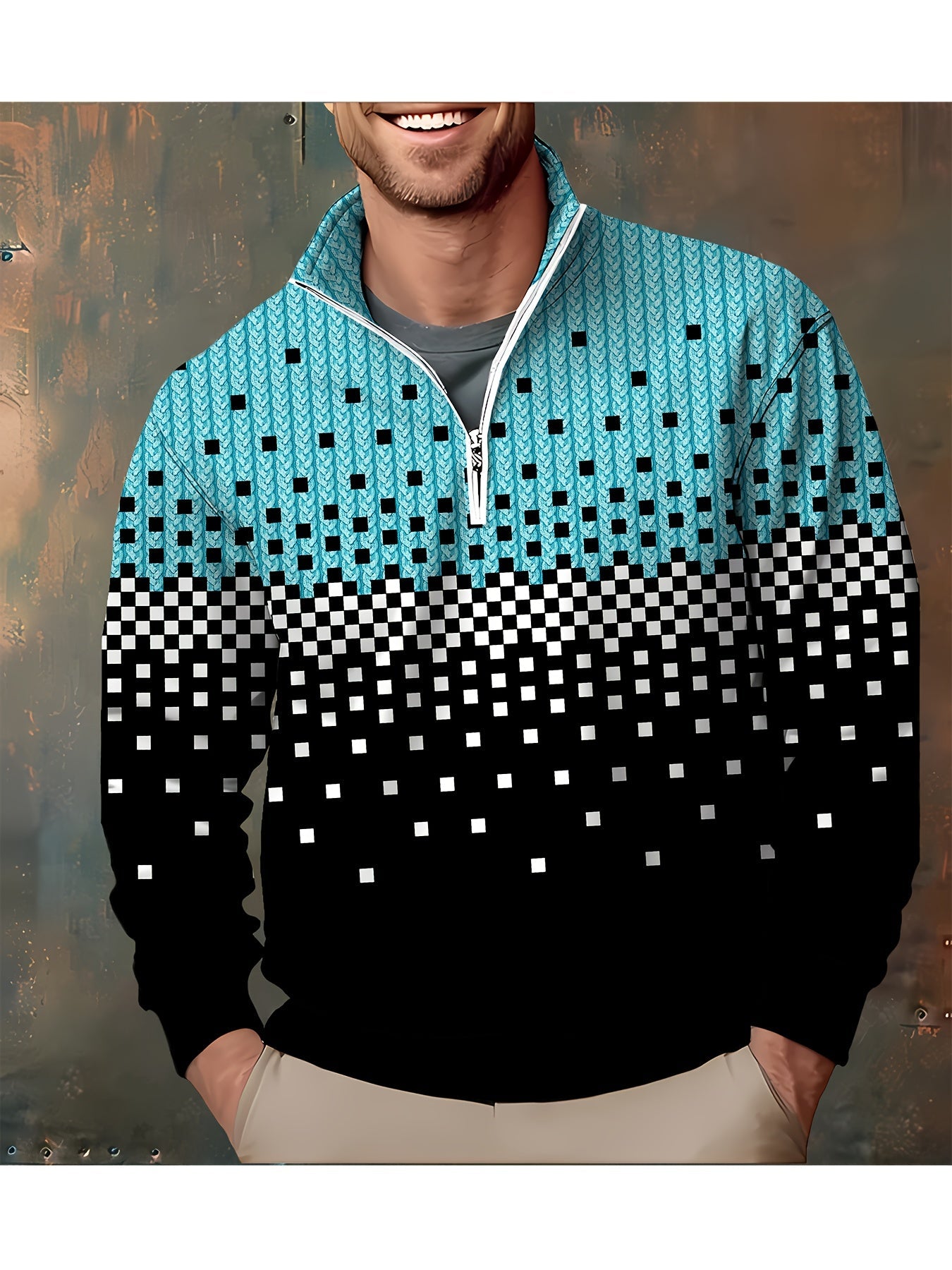 Herren Halb-Reißverschluss Pullover mit Farbverlauf und Muster, Langarm