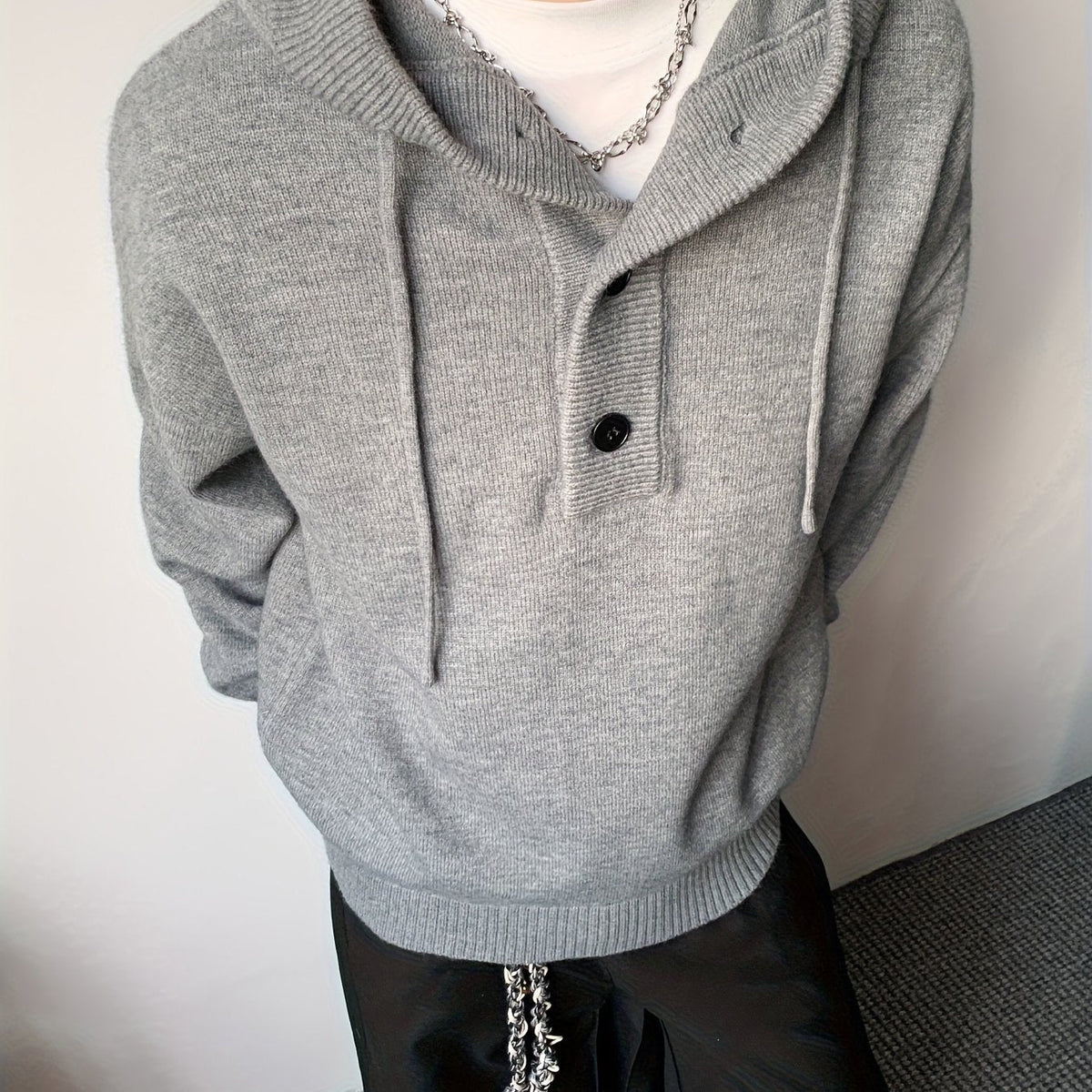 Herren Strick Hoodie Dunkelgrau mit Knopfleiste
