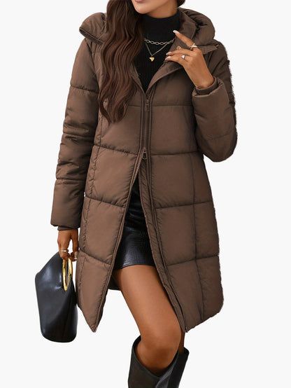 Women's Elegant Long Walrus Jacket - Winter Warm Full-Zip Lightweight Coat with Pockets, Mid-Length Length, Solid Color Casual Outerwear for Cold Weather (Machine Washable)