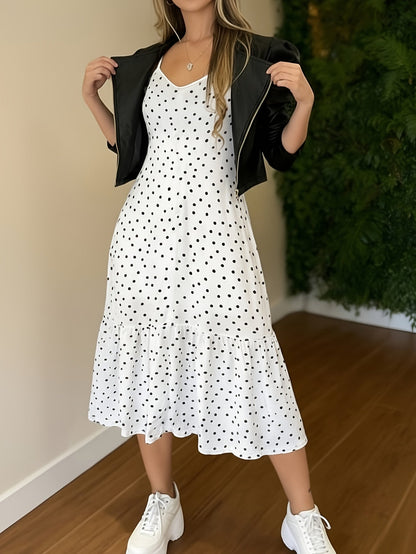 Damen Polka Dot Midikleid mit V-Ausschnitt und Rüschen – Eleganter Freizeit- und Party-Look