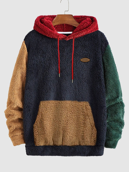 Teddy-Fleece Color-Block Hoodie mit Kängurutasche und Kapuze