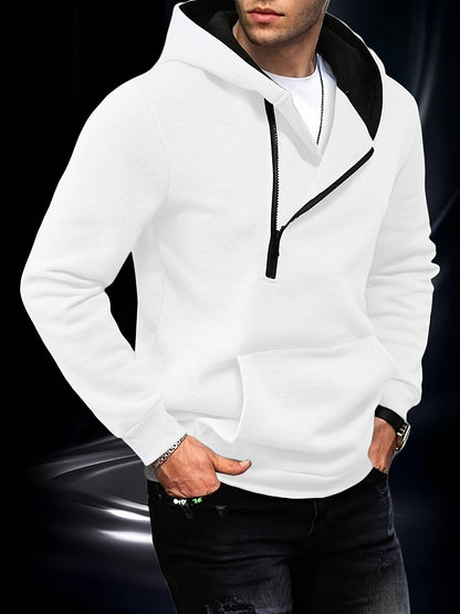 Herren Hoodie mit asymmetrischem Reißverschluss Kapuzenpullover Kängurutasche