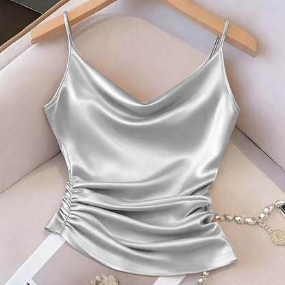 Damen Satin-Camisole mit Wasserfallausschnitt und Raffungen – Elegantes Oberteil für Abend und Party