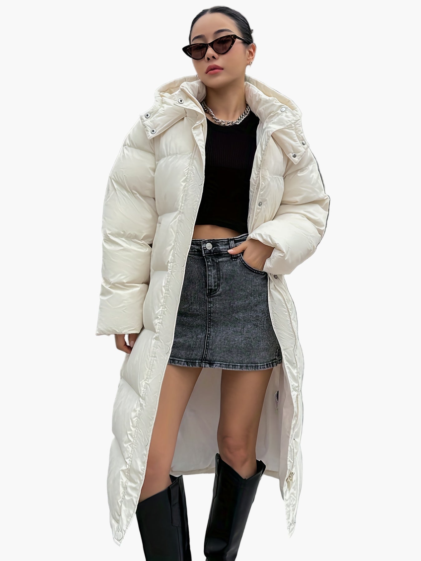 Damen Steppmantel Lang Elegant Winterjacke mit Kapuze und Reißverschluss