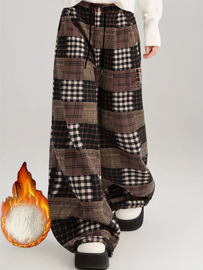 Damen Weite Hose Patchwork Kariert Braun Schwarz Winter
