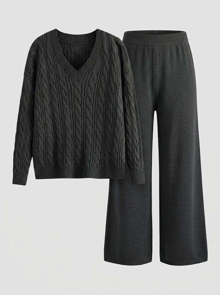 Strick-Set Damen mit Zopfmuster Pullover & weiten Hosen, V-Ausschnitt Strickpullover & weite Hose