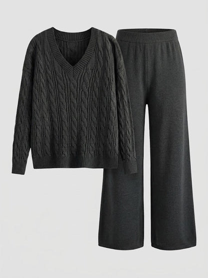 Strick-Set Damen mit Zopfmuster Pullover & weiten Hosen, V-Ausschnitt Strickpullover & weite Hose