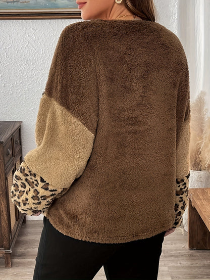 Damen Pullover aus flauschigem Stoff mit Leopardenmuster, Rundhals, Braun