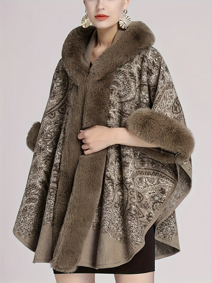 Damen Cape mit Kapuze und Kunstpelzbesatz - Musterbedruckt, Mehrfarbig