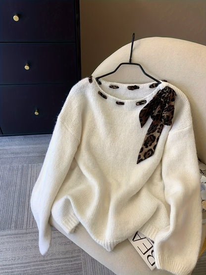 Damen Pullover Rundhals mit Leopardenmuster-Schleife