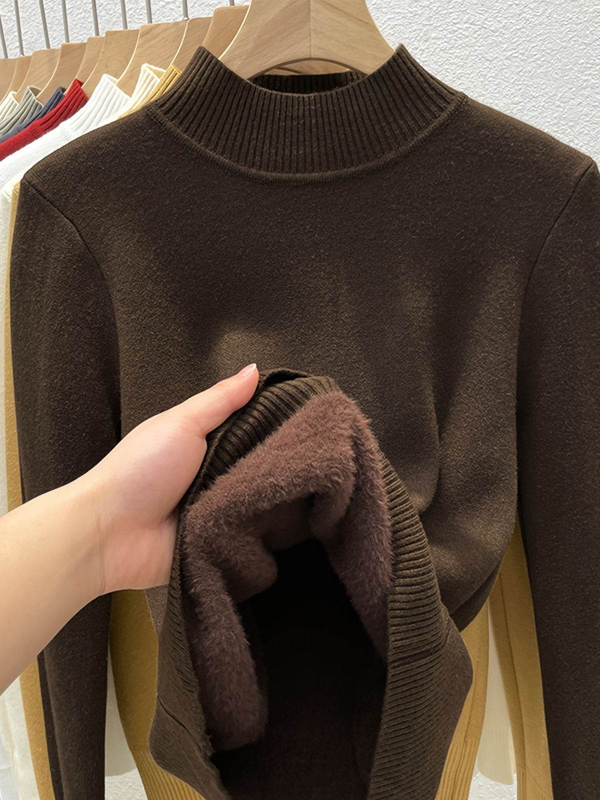 Damen Rollkragen Pullover mit Fleece-Futter – Langarm Basic Shirt Warm