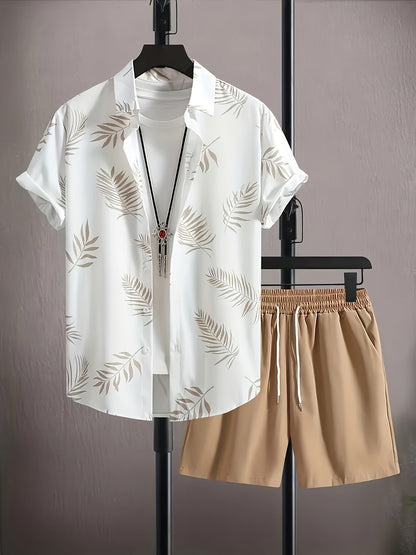 Herren Sommer Freizeit Set – Tropisches Kurzarmhemd mit T-Shirt und Shorts, Ideal für Urlaub & Alltag