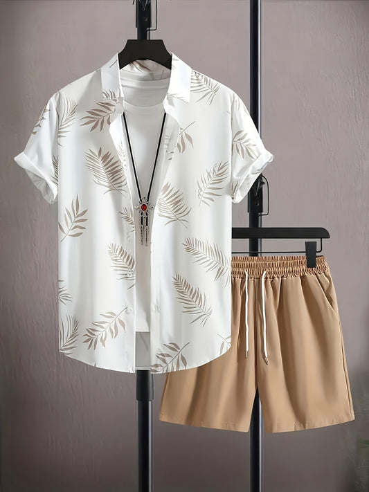 Herren Sommer Freizeit Set – Tropisches Kurzarmhemd mit T-Shirt und Shorts, Ideal für Urlaub & Alltag