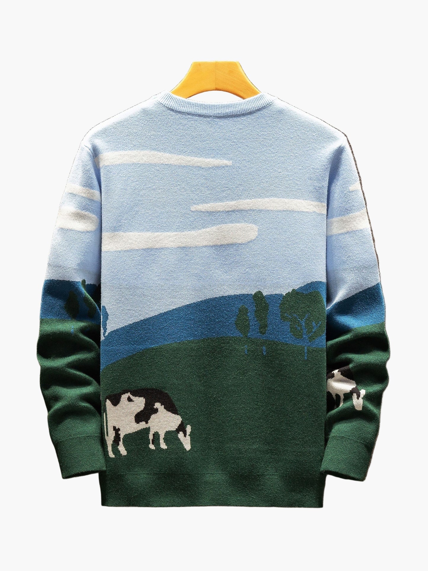 Herren Pullover mit Landschafts- und Kuhmotiv – Casual Strickpullover für Herbst und Winter
