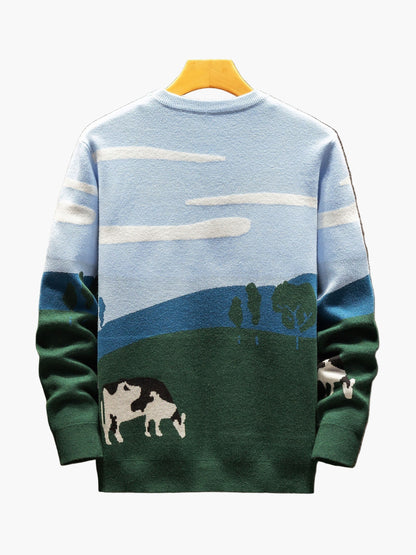 Herren Pullover mit Landschafts- und Kuhmotiv – Casual Strickpullover für Herbst und Winter