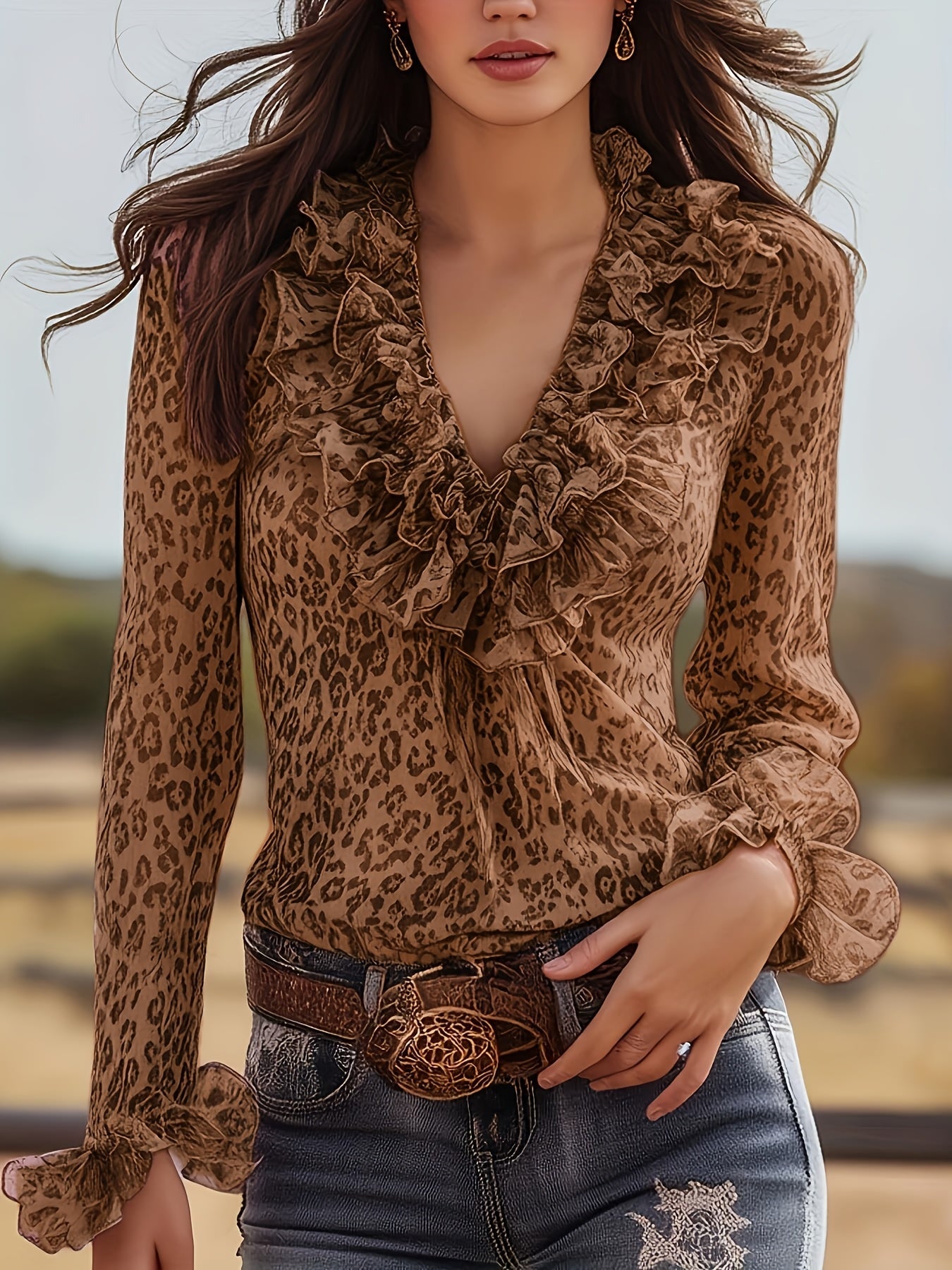 Damen Rüschenbluse im Leopardenmuster – Eleganter Boho-Chic für Freizeit & Party