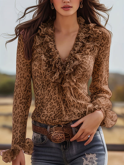 Damen Rüschenbluse im Leopardenmuster – Eleganter Boho-Chic für Freizeit & Party