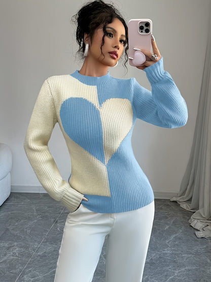 Damen Strickpullover Herz-Muster Rundhals Rippstrick Langarm