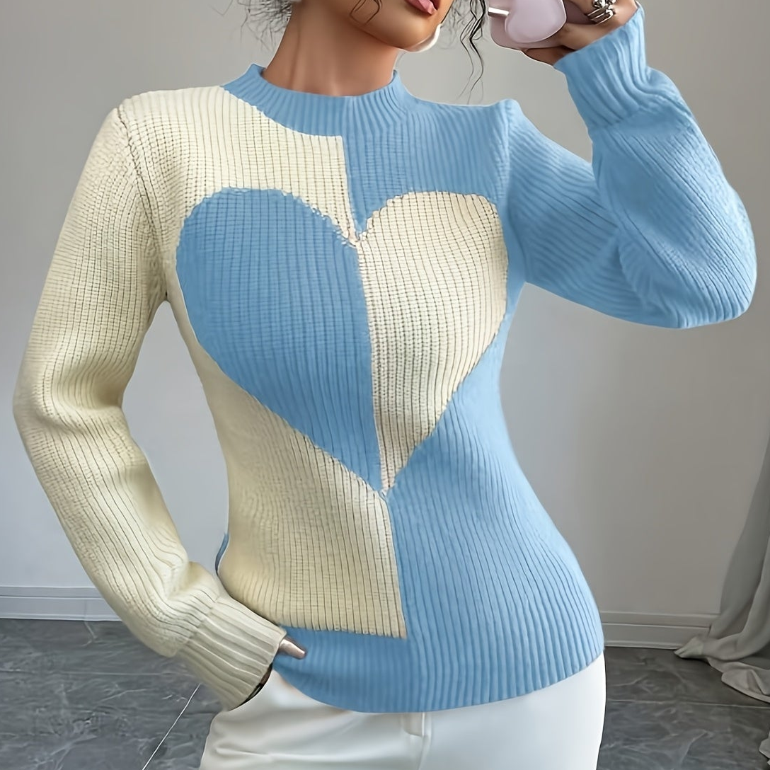 Damen Strickpullover Herz-Muster Rundhals Rippstrick Langarm